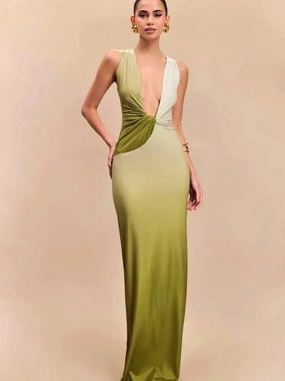 Meshki Stella Draped Slinky Maxi Dress Green & Cream NWT